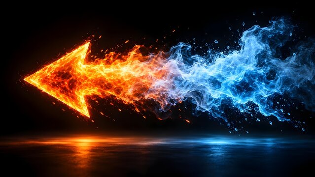 Conceptual elemental arrow composed of fire and water indicating a reverse trajectory or the collision of opposing natural forces