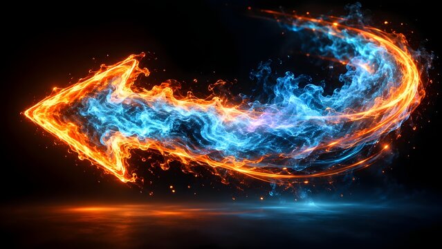 Curving magical arrow made of contrasting fire and blue energy trails on a dark background