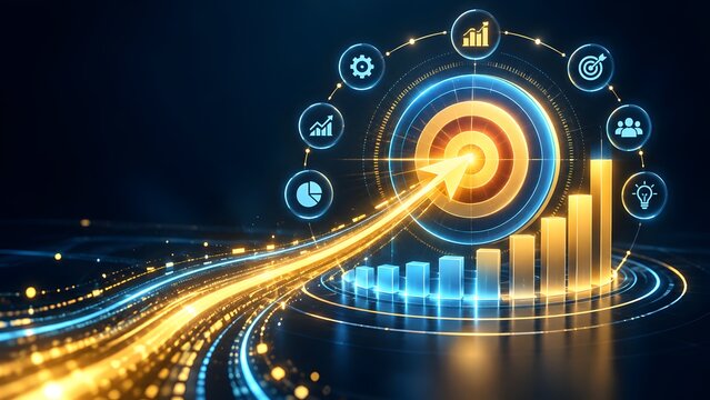 Glowing business target with digital data streams rising bar chart and strategic management icons in a futuristic network environment