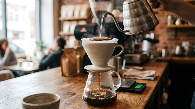 Hot water is being poured from a gooseneck kettle into a white pour over dripper  dripping coffee into a glass carafe on a wooden counter in a cafe setting