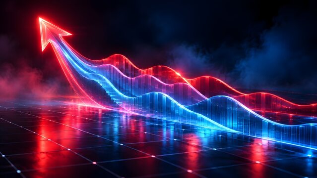 Dynamic neon arrow rising above wavy financial charts reflecting business recovery and economic uptrend strategy