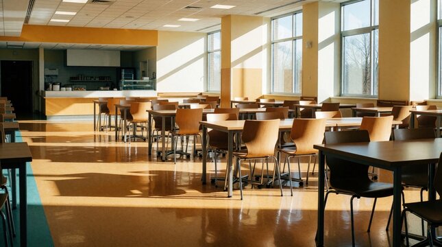 Empty hospital cafeteria with modern wooden tables, chairs. Large windows let bright sunlight into spacious dining hall. Clean interior room with shiny floor provides place for medical staff,