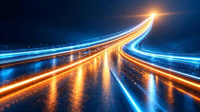 High speed glowing light trails curving upwards toward a bright horizon symbolizing digital transformation and exponential business acceleration.