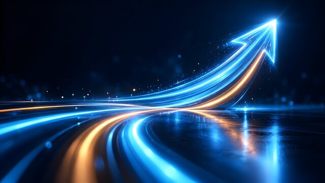Dynamic glowing light streaks curving into an upward arrow symbolizing rapid financial growth and business performance