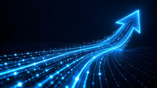 Glowing blue digital arrow made of data streams rising over a cyber network landscape representing future business growth