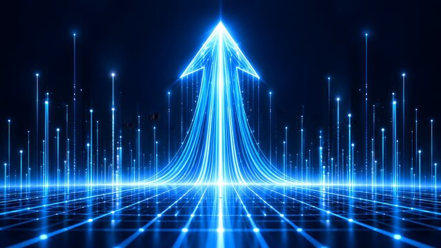 Glowing vertical arrow rising from a cyber grid floor symbolizing tech industry advancement and system upgrade