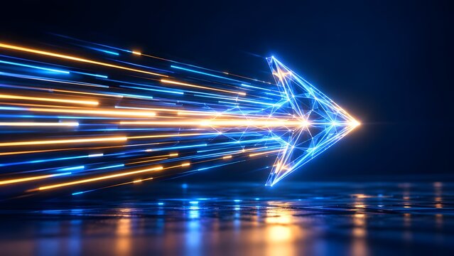 Dynamic wireframe arrow moving forward with high speed light trails representing technological progress
