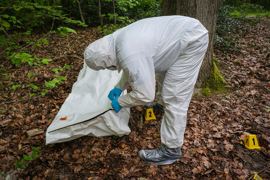 Numbered markers placed around a staged scene during a gendarmerie officer cadets training exercise in Melun, France