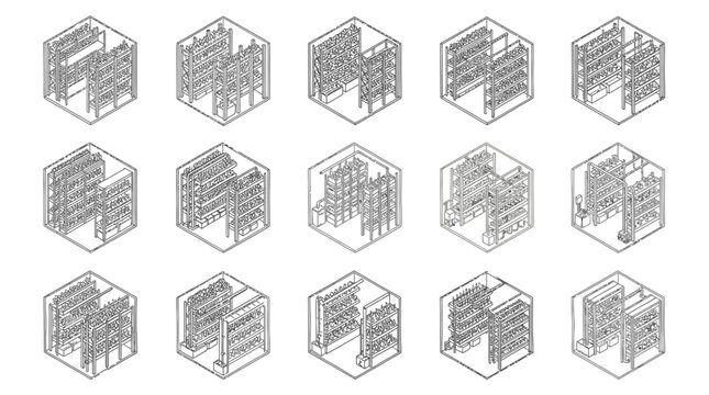 A grid of fifteen isometric wireframe illustrations showcases various configurations and modular designs of automated storage and retrieval systems for warehouses.