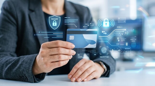 Businesswoman holding a credit card with digital security icons representing encrypted payment processing, online banking safety, and financial transaction protection concepts.,