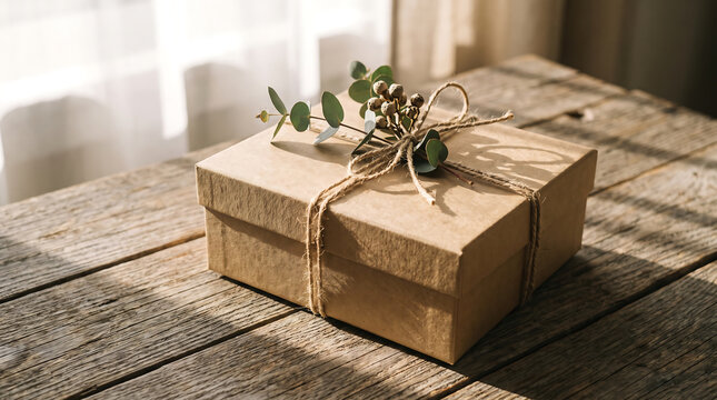 Eco-friendly gift box tied with jute twine and decorated with eucalyptus leaves, placed on a rustic wooden table with soft window light.