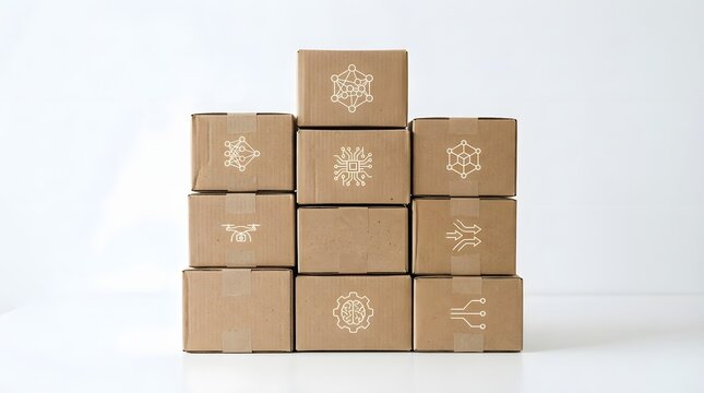 A pyramid of brown cardboard boxes  each marked with a unique white icon representing technology or innovation  set against a clean white background