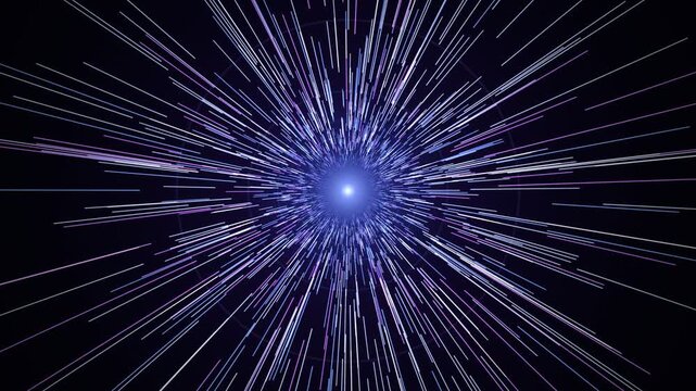 Dynamic abstract background featuring blue and purple light streaks radiating from a center, creating a futuristic hyperspace or warp speed effect for sci-fi visuals.