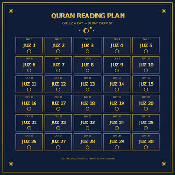 Quran reading checklist, 30 day juz tracker vector illustration
