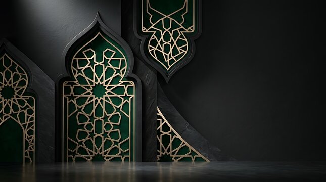 Beautiful islamic architecture style arches with silver geometric patterns and dark green backgrounds for ramadan and eid celebration design