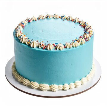 Blue frosted round cake with white piped borders & colorful sprinkles