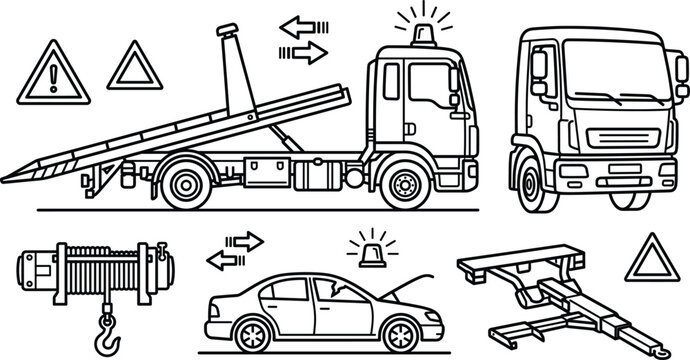 Roadside assistance car towing truck and flatbed recovery vehicle line vector icon set