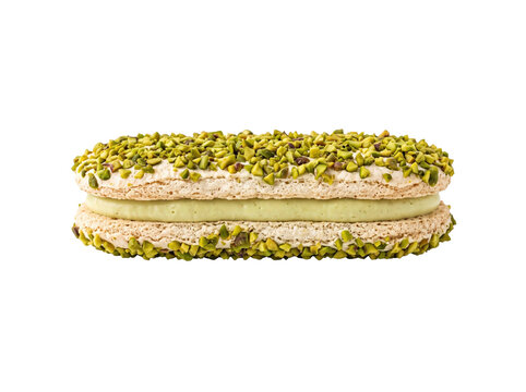 A delicious pistachio dacquoise cake with a creamy filling isolated on a transparent background