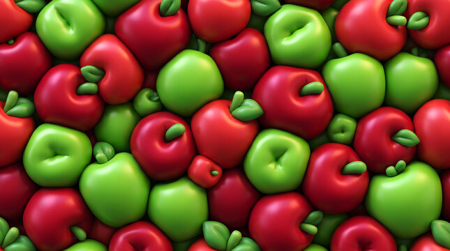 Seamless inflated red and green apples pattern 3D render photo, abstract background of soft puffy fruit shapes packed tightly together, and vibrant food texture graphic.