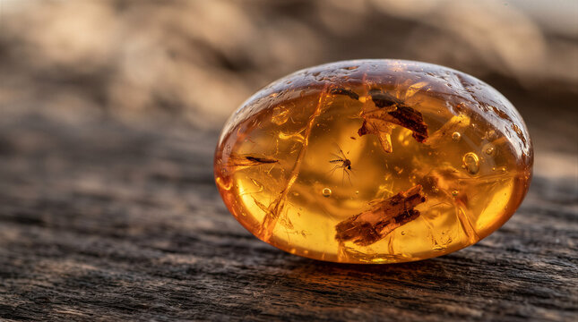 Fossilized amber stone with a trapped mosquito