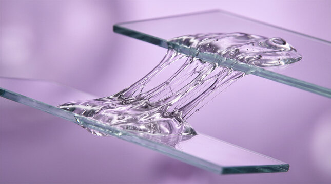 Clear viscous gel stretching between two glass slides