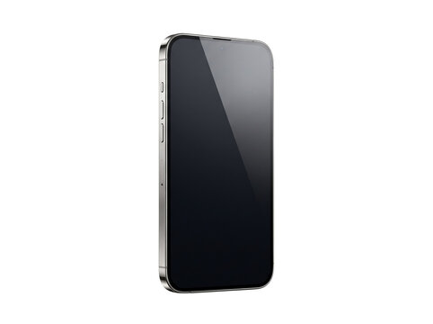 Modern smartphone with a sleek metallic silver frame and a dark blank touch screen standing upright isolated on a clean white background, showcasing minimalist consumer electronics design