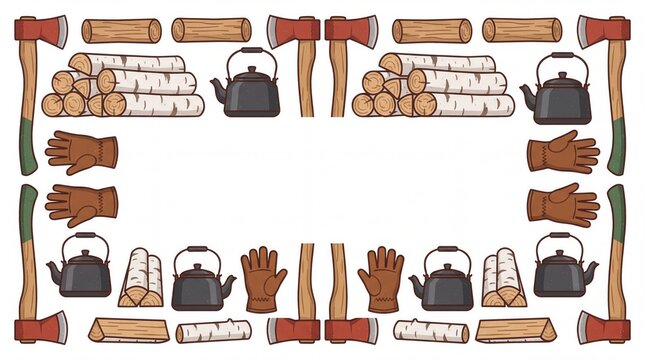 Rustic lumberjack camping vector frame with axes, firewood, and kettles