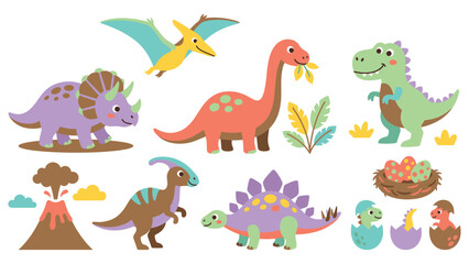 Cute cartoon dinosaur collection with volcano and eggs in bright set. © MDSOUROV