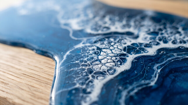 Blue epoxy resin art flowing over a wooden surface