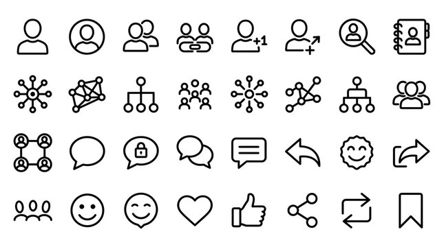 Professional Social Media Web Icons Featuring User Profiles Friends Network Connections Messaging Sharing and Editable Stroke Vector Art