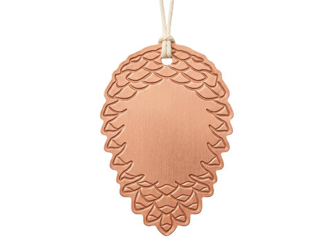 Decorative copper pinecone shaped gift tag with a white string transparent background