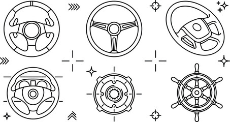 Automotive car steering wheel and marine ship helm line vector icon set © MST