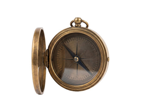 Vintage brass pocket compass with an open lid isolated against a transparent background studio