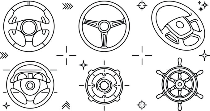 Automotive car steering wheel and marine ship helm line vector icon set