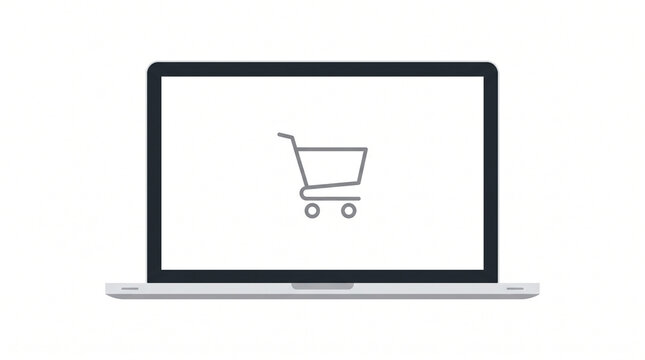 Laptop computer with a shopping cart icon on the screen, representing online shopping, ecommerce, digital retail, and internet business concepts, isolated on white background