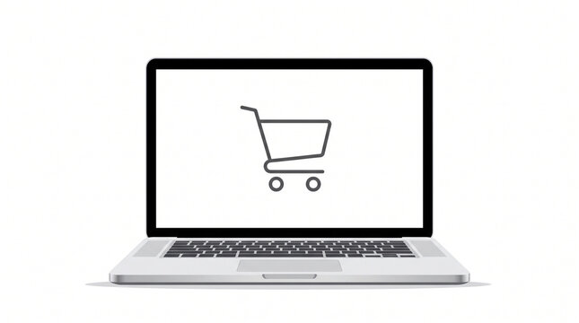 Laptop computer with a shopping cart icon on the screen isolated on white background