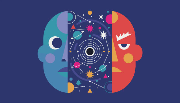 Abstract split face portrait with split personalities showing calm outer space side and an angry orange red side.