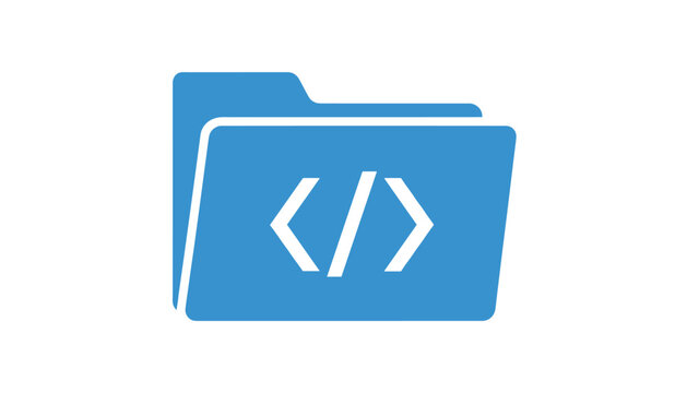 Blue computer folder icon with a white web programming code symbol in the center, on a clean white background.