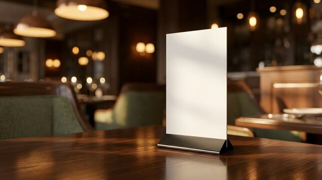 Blank vertical table tent menu mockup standing on a wooden restaurant table with blurred interior background