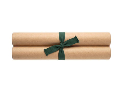 Two brown paper scrolls tied together with a dark green fabric ribbon on a transparent background