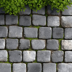 Fototapeta premium Gray stone pavement, square cobblestone pattern with green moss and leafy plant, natural outdoor texture background