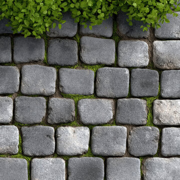 Gray stone pavement, square cobblestone pattern with green moss and leafy plant, natural outdoor texture background