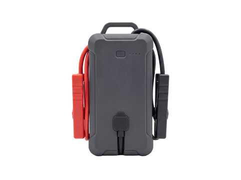 Portable lithium jump starter battery pack with red and black alligator clips on transparent background