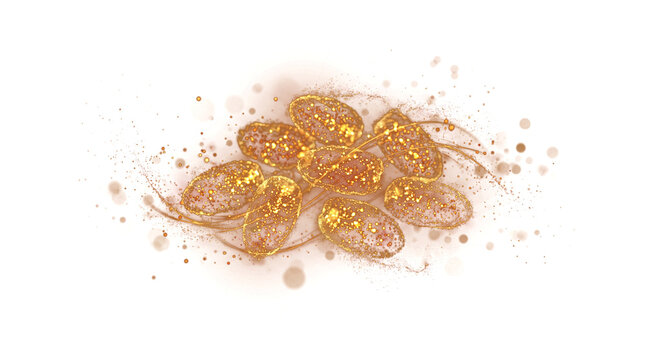 Glowing golden bacteria cells and microscopic organisms under magnification on white backdrop