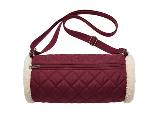 Quilted burgundy barrel bag with faux fur trim and adjustable shoulder strap on transparent background © Frodo