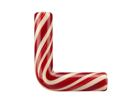 Letter L shaped like a red and white striped candy cane isolated on a transparent background