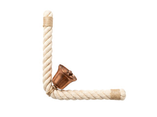 L-shaped nautical rope frame with a vintage bronze bell isolated on a transparent background © Frodo