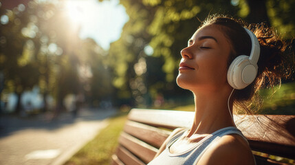 Peaceful Young Woman Wearing Headphones Relaxing on Park Bench at Sunset © sema_srinouljan