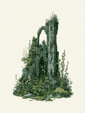 detailed vintage illustration of overgrown gothic stone ruin covered in wild green vegetation and moss, ancient crumbling abbey tower with arched window isolated on clean plain white background