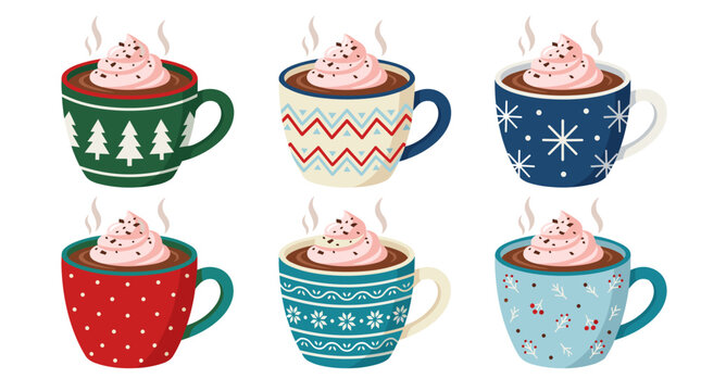 A 2x3 Grid of Decorative Cozy Winter Mugs Featuring Various Seasonal Designs and Patterns such as Pine Trees, Snowflakes, and Stripes for Holiday Themed Illustrations and Cards